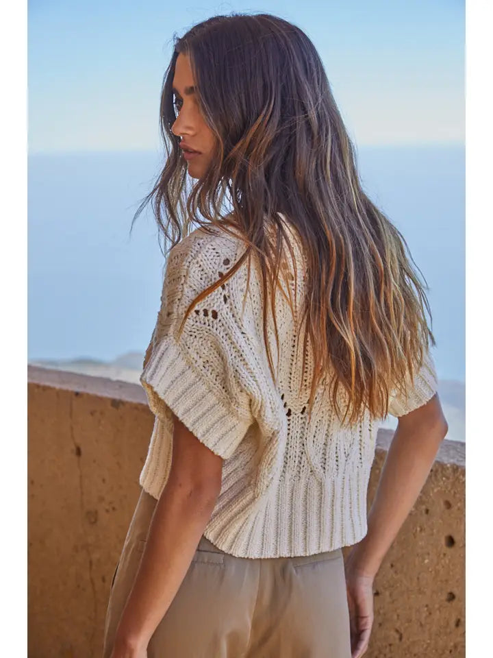 CROCHET KNIT SHORT SLEEVE SWEATER