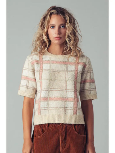 URBAN DAIZY PLAID S/S KNIT SWEATER