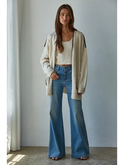 BY TOGETHER CONTRAST STITCH OPEN CARDIGAN