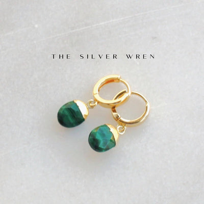 SILVER WREN MALACHITE HUGGIE HOOPS