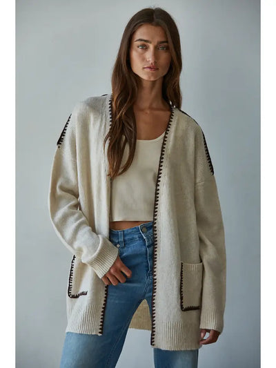 BY TOGETHER CONTRAST STITCH OPEN CARDIGAN