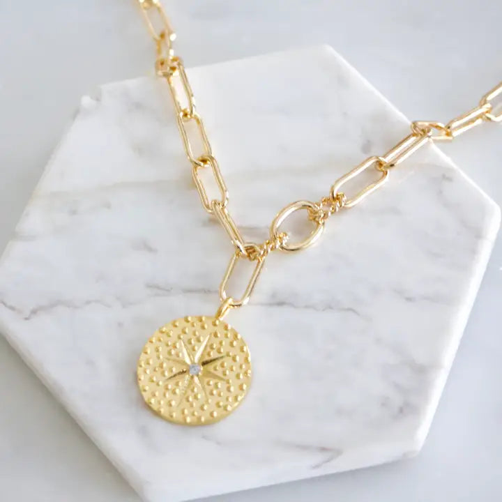MESA BLUE CZ COIN PAPERCLIP NECKLACE