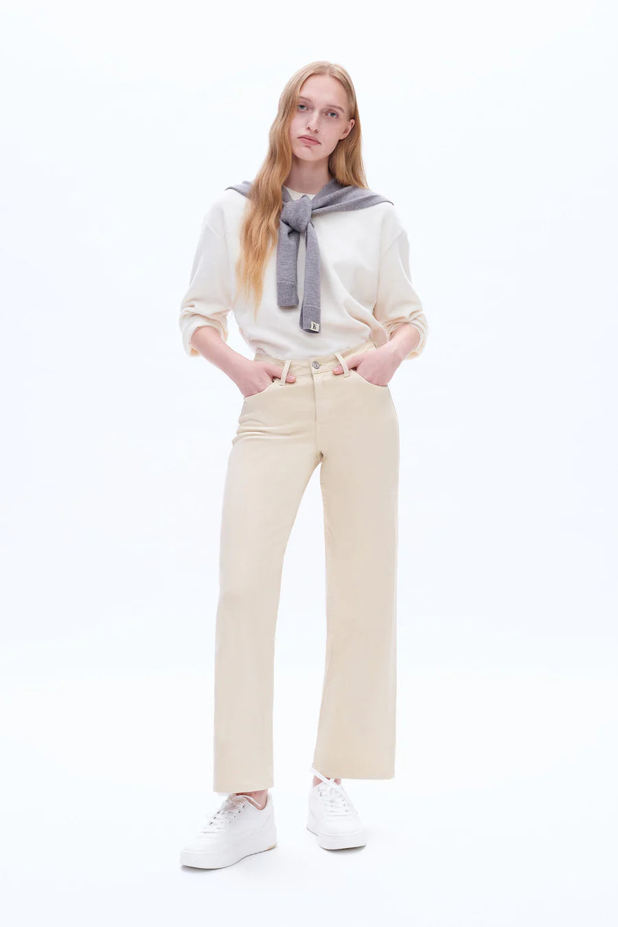 BAYEAS HIGH RISE WIDE LEG TWILL PANTS