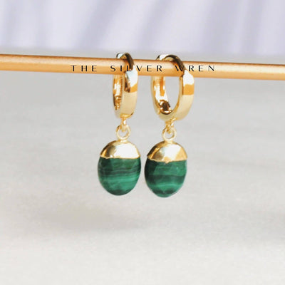 SILVER WREN MALACHITE HUGGIE HOOPS